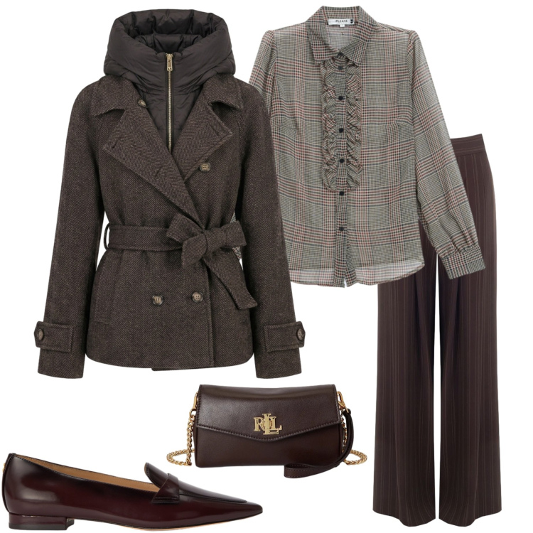 Outfit donna - In città. Stile Casual chic per Ufficio. Abbinamento con portafogli, mocassini, camicie, pantaloni a palazzo, blazer.