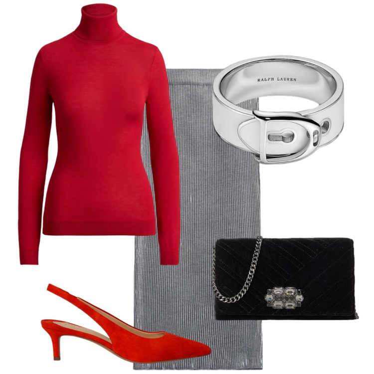 Outfit donna - Cena con amici. Stile Basic per Serata fuori. Abbinamento con gonne longuette, décolleté, anelli, borse a tracolla, maglieria.