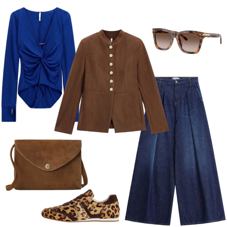 Outfit donna - Body drappeggiato e sneakers eccentriche. Stile Trendy per Tutti i giorni. Abbinamento con body, blazer, jeans, borse a tracolla, occhiali da sole, sneakers.