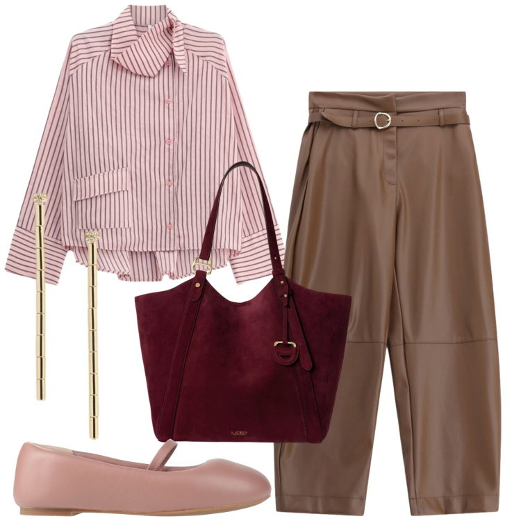 Outfit donna - Minimal con eco pelle. Stile Minimal per Tutti i giorni. Abbinamento con ballerine, pantaloni, camicie, orecchini, borse tote.