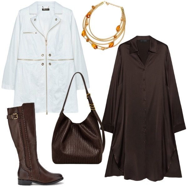 Outfit donna - Crema al latte e caffè. Stile Casual chic per Tutti i giorni. Abbinamento con vestiti chemisier, cappotti, borse a spalla, collane, stivali sopra il ginocchio.
