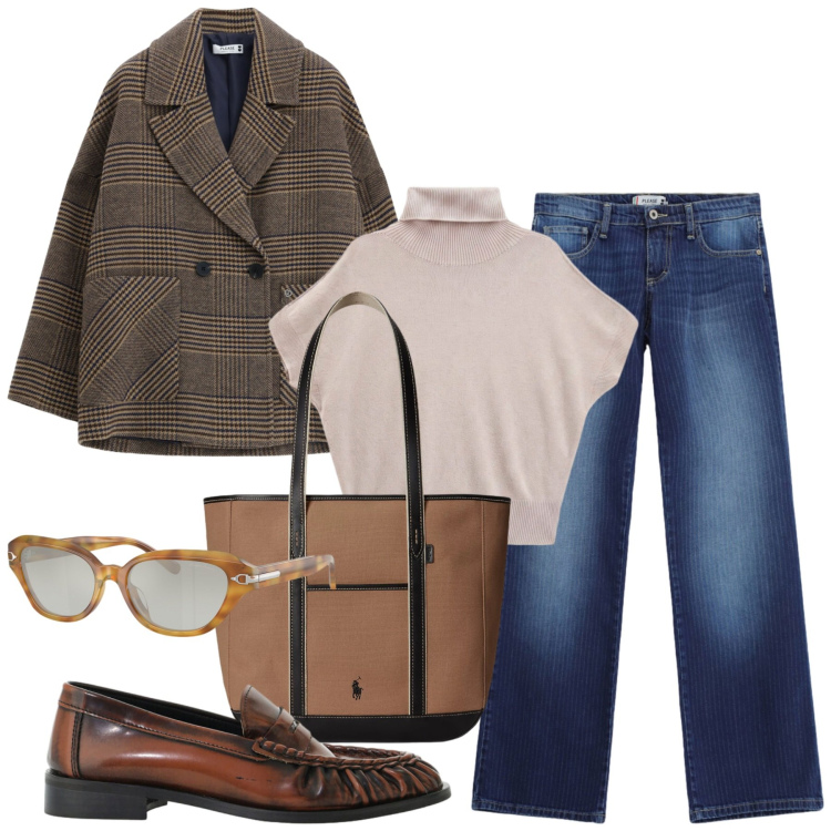 Outfit donna - Un giro in centro. Stile Casual chic per Tutti i giorni. Abbinamento con t-shirt, mocassini, borse tote, occhiali da sole, blazer, jeans dritti.