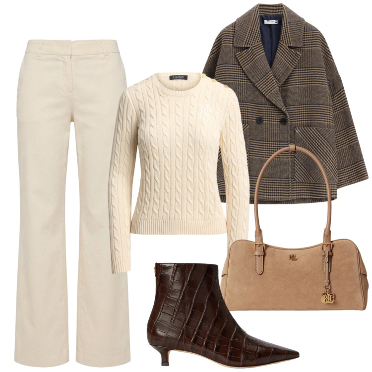 Outfit donna - Panna a ottobre. Stile Casual chic per Tutti i giorni. Abbinamento con pantaloni, stivaletti, maglieria, borse a mano, blazer.