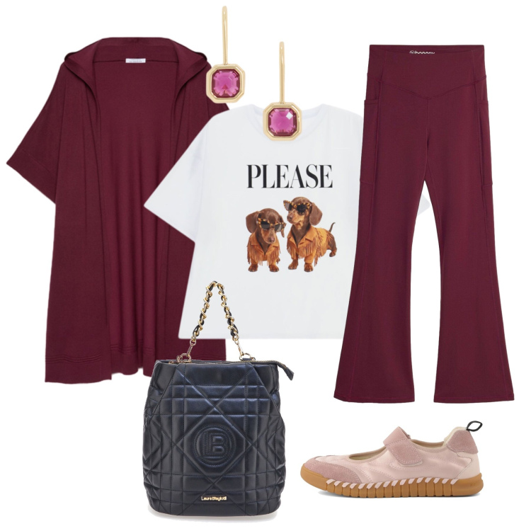Outfit donna - Sporty chic per il weekend fuori porta. Stile Sporty chic per Tutti i giorni. Abbinamento con maglieria, orecchini, t-shirt, zaini, ballerine, leggings sportivo.