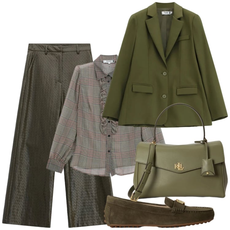 Outfit donna - Raffinatezza autunnale. Stile Casual chic per Tutti i giorni. Abbinamento con pantaloni a palazzo, camicie, blazer, mocassini, borse a mano.