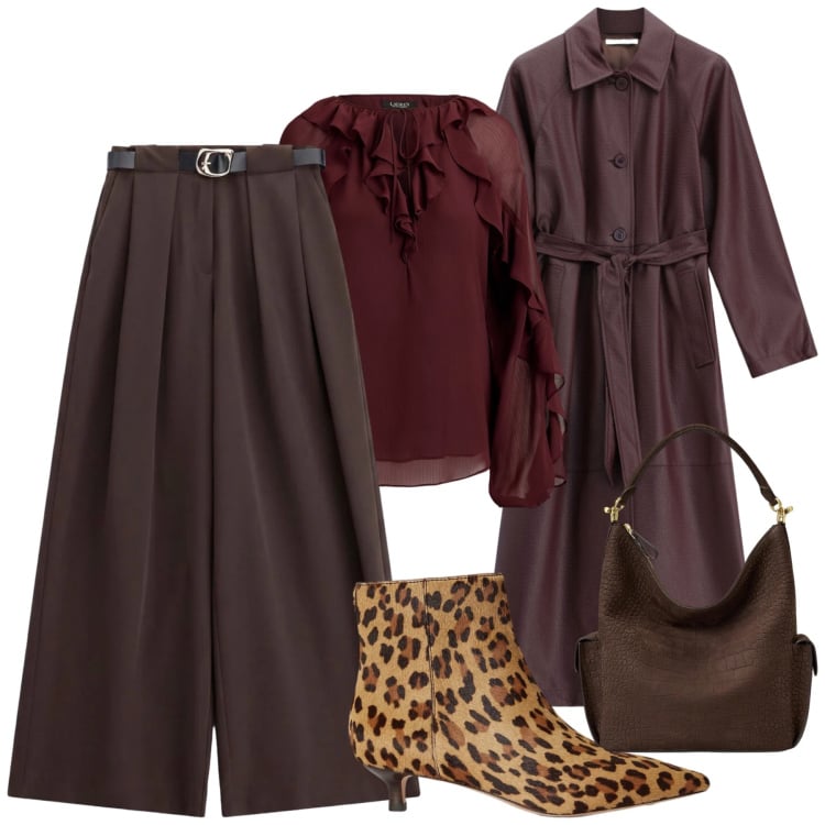 Outfit donna - Raffinatezza autunnale. Stile Chic per Ufficio. Abbinamento con pantaloni a palazzo, cappotti, bluse, borse a spalla, stivaletti.