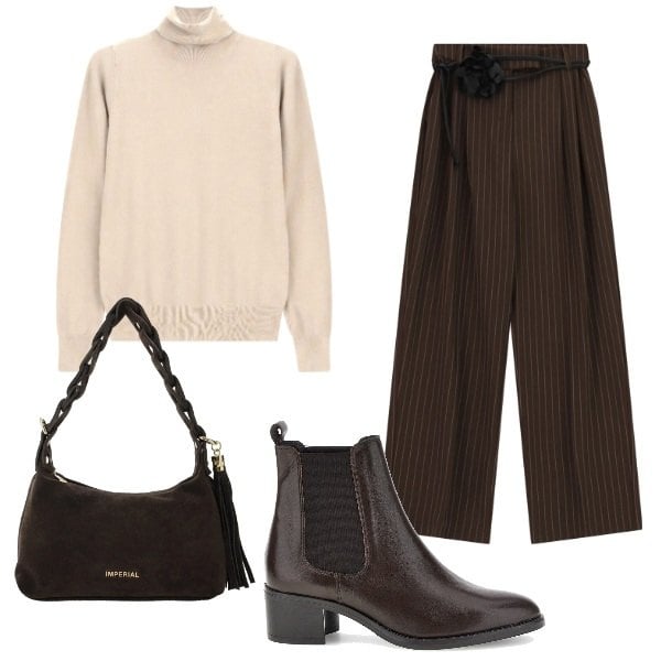 Outfit donna - semplicemente chic. Stile Casual chic per Ufficio. Abbinamento con pantaloni a palazzo, borse a spalla, pullovers, stivaletti chelsea.