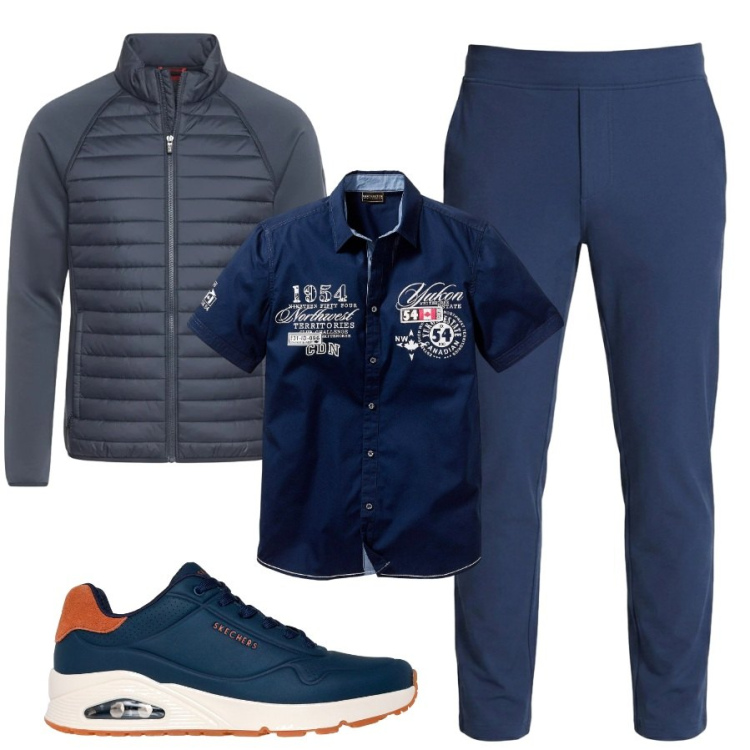 Outfit uomo - Casual in blu. Stile Casual per Ufficio. Abbinamento con camicie a manica corta, sneakers, piumini, pantaloni.