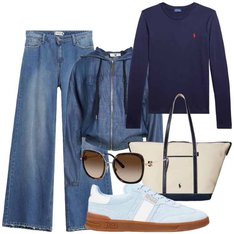 Outfit donna - We fuori porta. Stile Casual chic per Mare. Abbinamento con felpe con cappuccio, jeans dritti, sneakers, borse tote, t-shirt, occhiali da sole.
