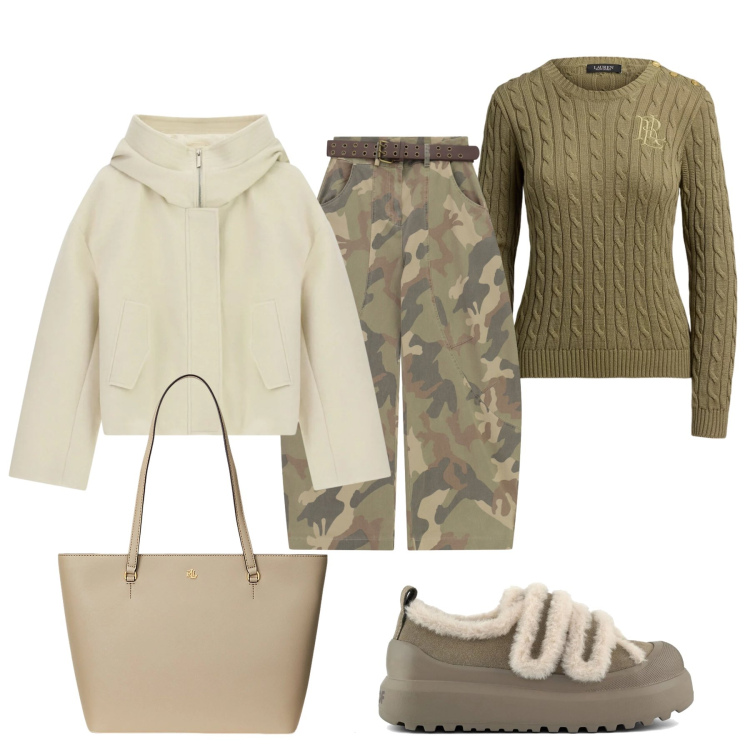 Outfit donna - Chic camouflage in città. Stile Chic per Tutti i giorni. Abbinamento con bomber, pantaloni a palazzo, borse tote, maglieria, sneakers.