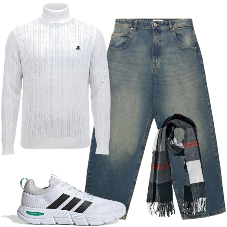 Outfit uomo - Vado al cinema. Stile Casual per Serata speciale. Abbinamento con jeans, sneakers, sciarpe, pullovers.