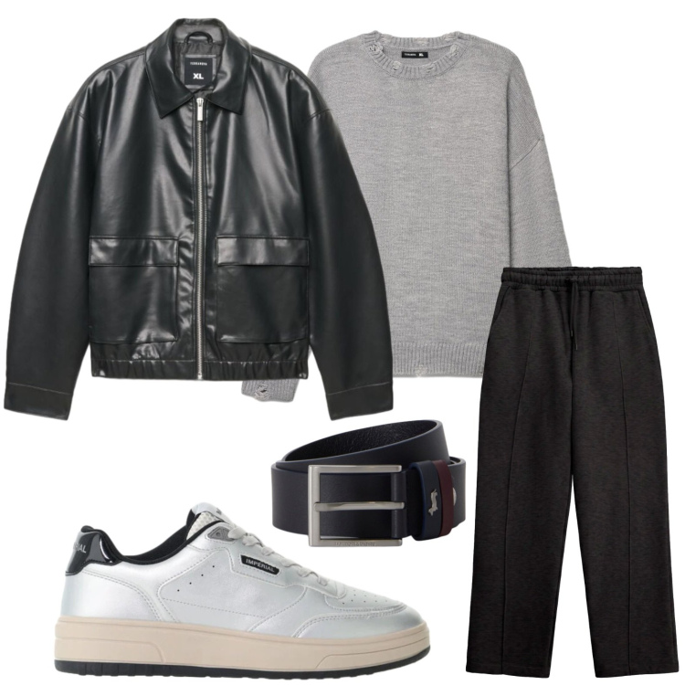 Outfit uomo - Biker ribelle:. Stile Trendy per Tutti i giorni. Abbinamento con giacche, maglieria, pantaloni, sneakers, cinture.