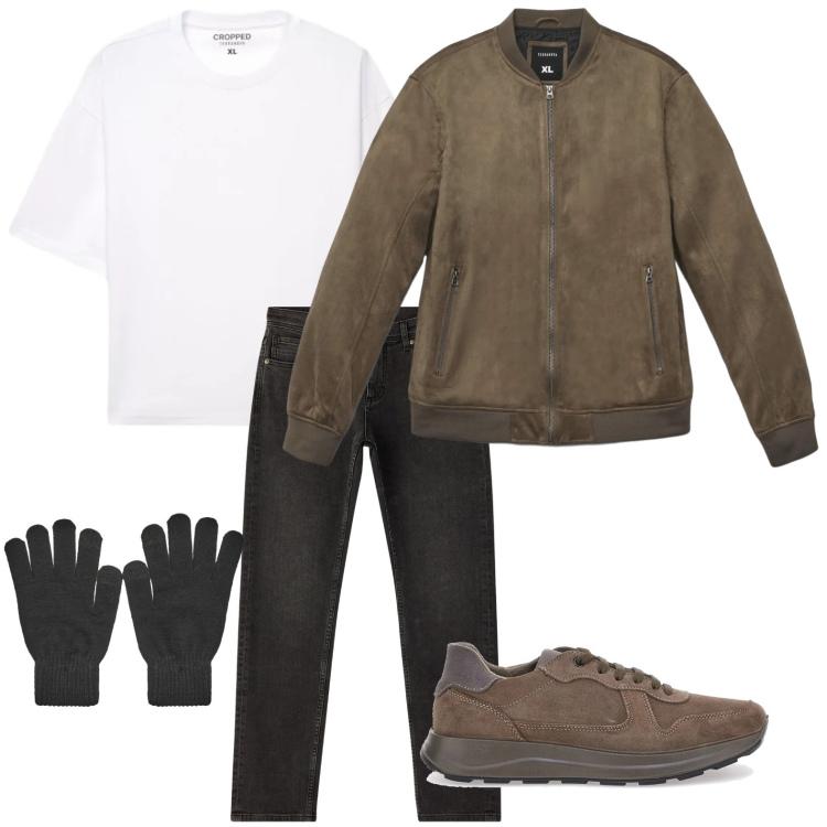 Outfit uomo - Urban quotidiano. Stile Casual per Tutti i giorni. Abbinamento con jeans, giacche, guanti, t-shirt, scarpe stringate.