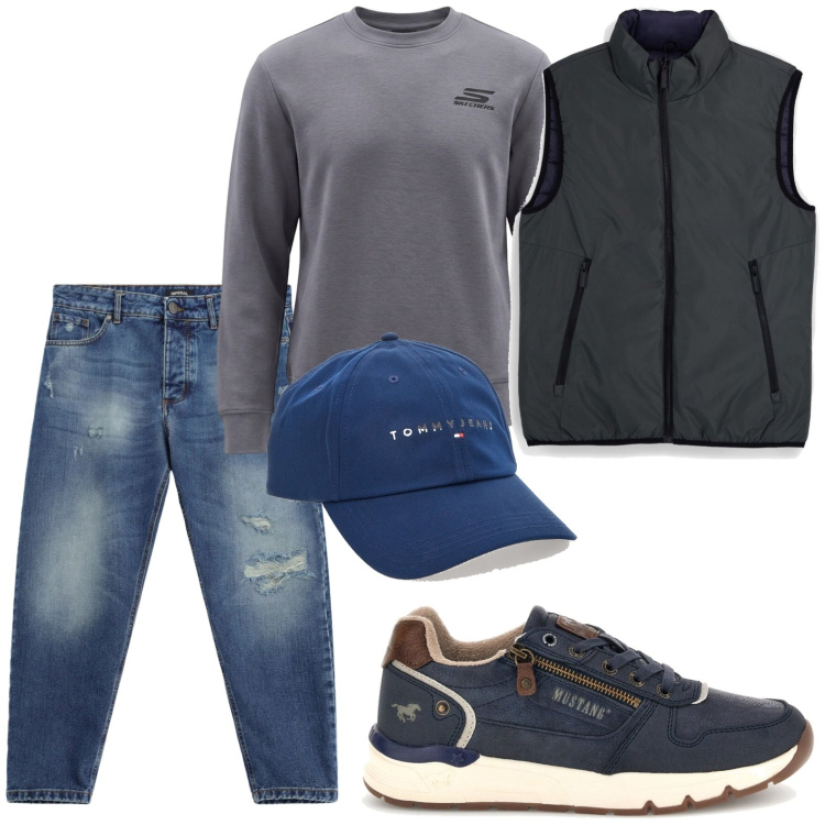 Outfit uomo - ​Grunge ribelle. Stile Casual per Tutti i giorni. Abbinamento con jeans strappati, sneakers, cappelli con visiera, piumini, felpe.