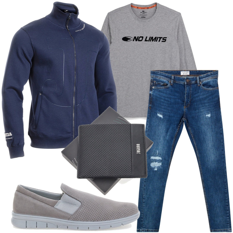 Outfit uomo - Denim dinamico. Stile Trendy per Tutti i giorni. Abbinamento con jeans strappati, portafogli, scarpe stringate, felpe, t-shirt.