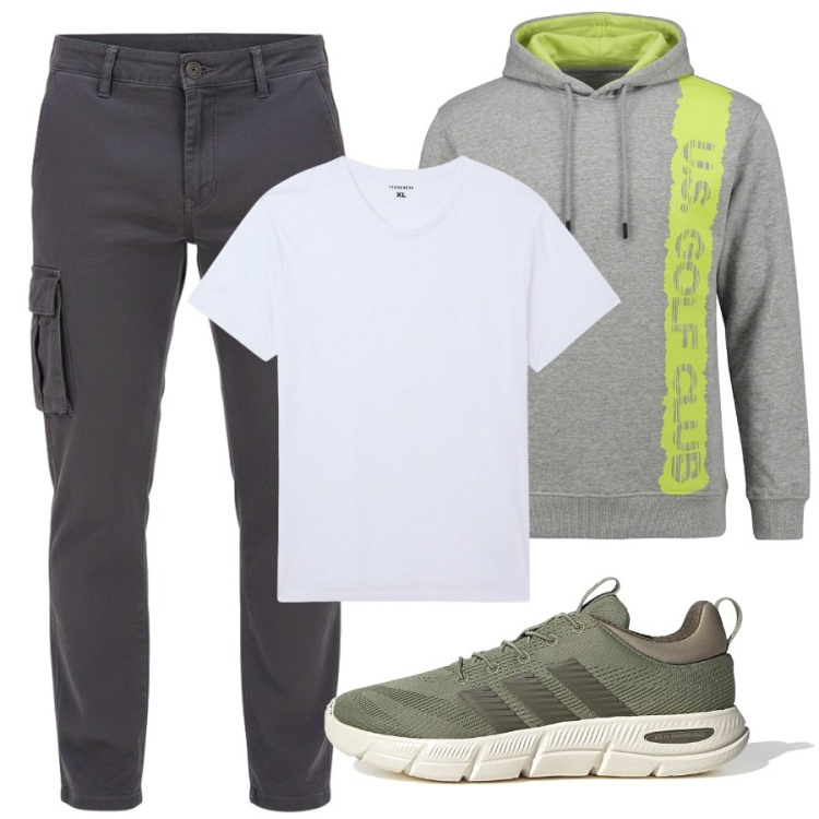 Outfit uomo - Il verde e il grigio. Stile Casual per Tutti i giorni. Abbinamento con t-shirt, pantaloni cargo, felpe con cappuccio, sneakers.