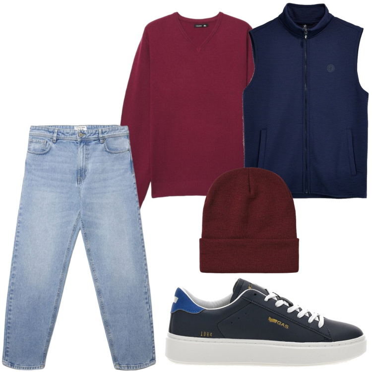Outfit uomo - Relax rilassato. Stile Trendy per Tutti i giorni. Abbinamento con berretti, jeans, maglieria, sneakers, gilet.