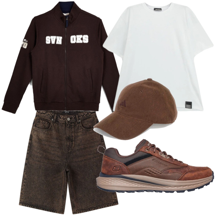 Outfit uomo - ​Street fine estate. Stile Casual per Tutti i giorni. Abbinamento con bermuda, t-shirt, cappelli con visiera, felpe, sneakers.