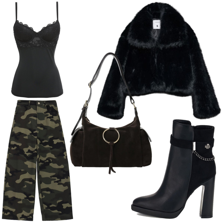Outfit donna - Nero con mimetico. Stile Sexy per Serata fuori. Abbinamento con borse a spalla, pantaloni a palazzo, blazer, body, stivaletti.