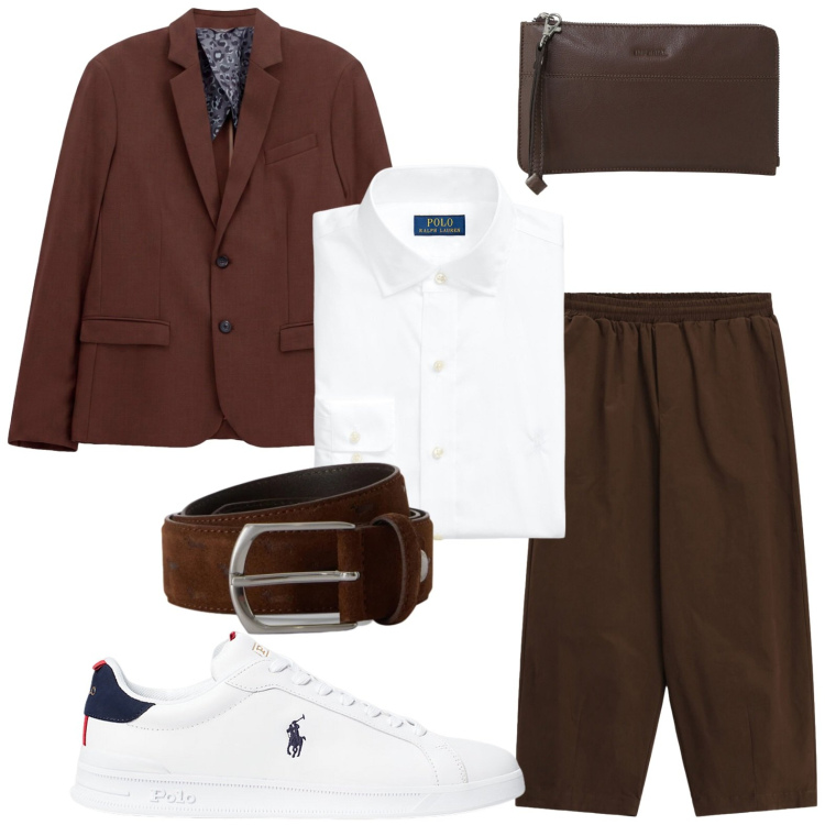 Outfit uomo - ​Business contemporaneo. Stile Casual per Ufficio. Abbinamento con cinture, pantaloni a palazzo, giacche, portafogli, sneakers, camicie.