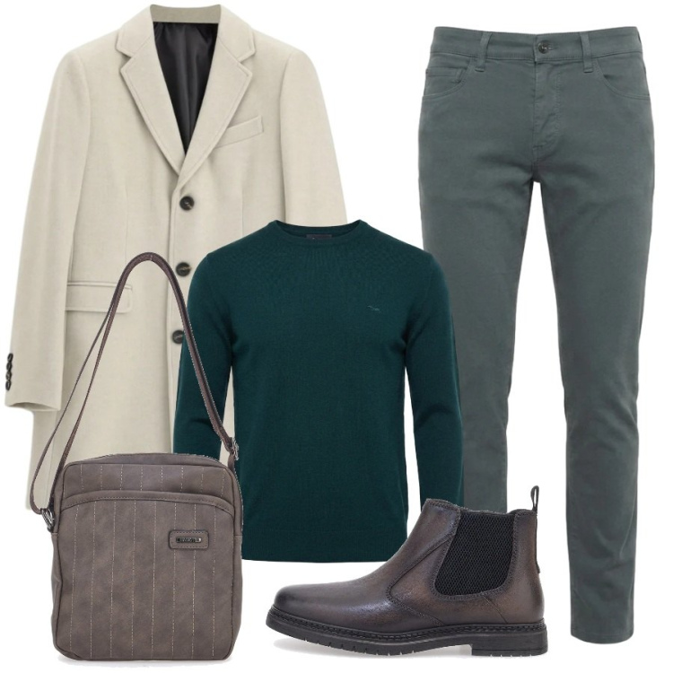 Outfit uomo - Stile in ufficio. Stile Trendy per Ufficio. Abbinamento con jeans slim fit, maglieria, cappotti, portafogli, stivali e stivaletti.