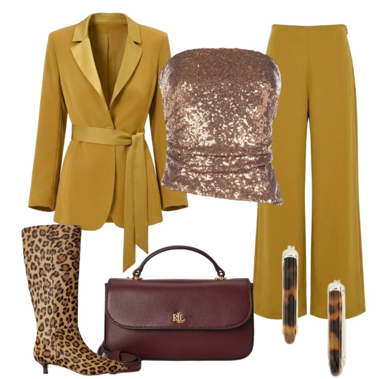 Outfit donna - Golden Glam: senape e paillettes. Stile Glamour per Cerimonia. look ideale per Tall. Abbinamento con stivali, orecchini, borse a mano, blazer, pantaloni a palazzo, top.