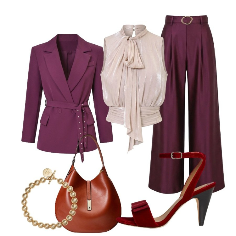 Outfit donna - Malva & Champagne: oro ed eleganza. Stile Glamour per Cerimonia. look ideale per Tall. Abbinamento con blazer, top, pantaloni a palazzo, braccialetti, borse a spalla, sandali col tacco.