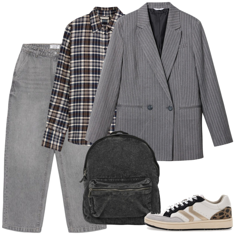 Outfit donna - Mix and match. Stile Casual per Scuola/Università. Abbinamento con jeans dritti, blazer, zaini, camicie, sneakers.