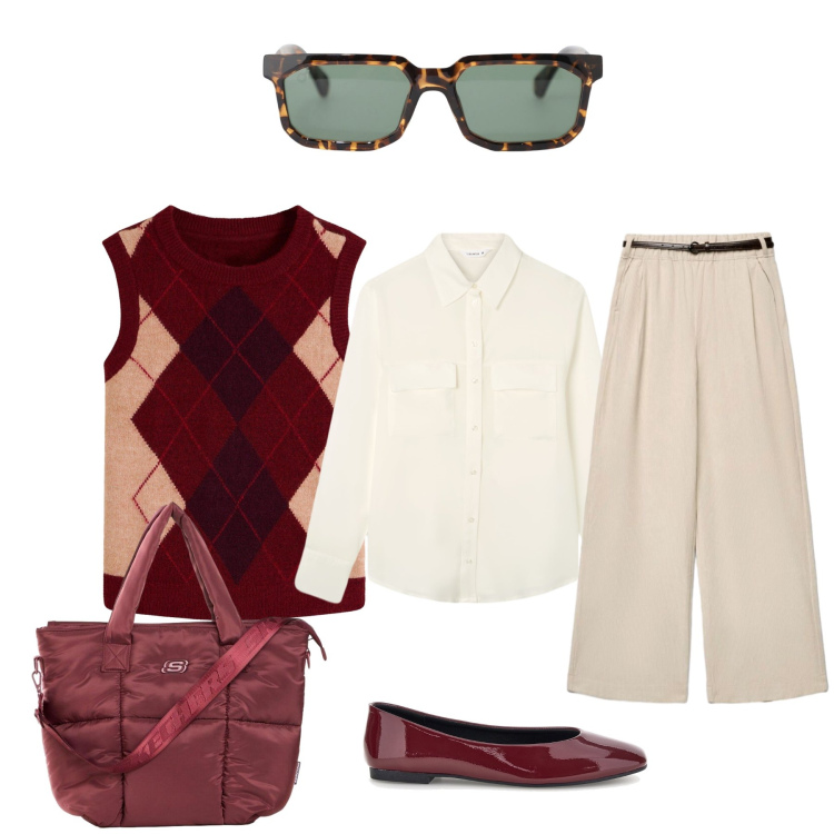 Outfit donna - Geometrie di stile. Stile Casual chic per Tutti i giorni. Abbinamento con maglieria, shopping bag, pantaloni, camicie, occhiali da sole, ballerine.