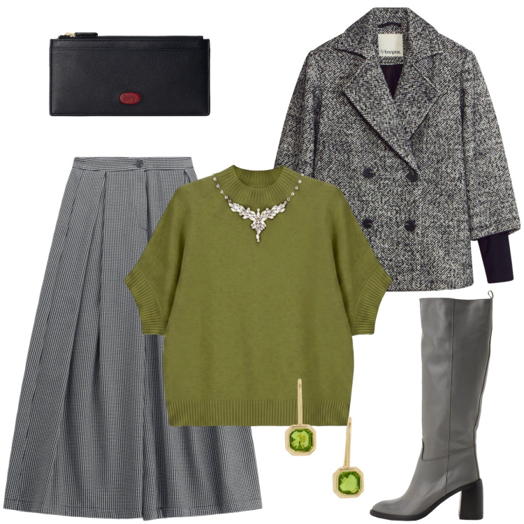 Outfit donna - Grigio e verde oliva. Stile Casual chic per Ufficio. Abbinamento con stivali, caban, pantaloni a palazzo, maglieria, portafogli, orecchini.