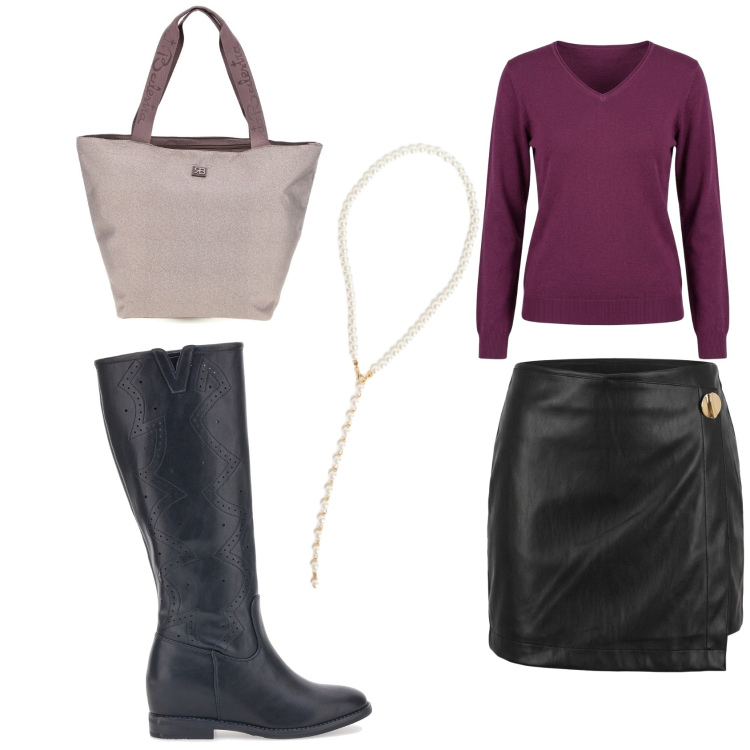 Outfit donna - La mini in pelle. Stile Casual chic per Serata fuori. Abbinamento con minigonne, ciondoli, maglieria, stivali, shopping bag.