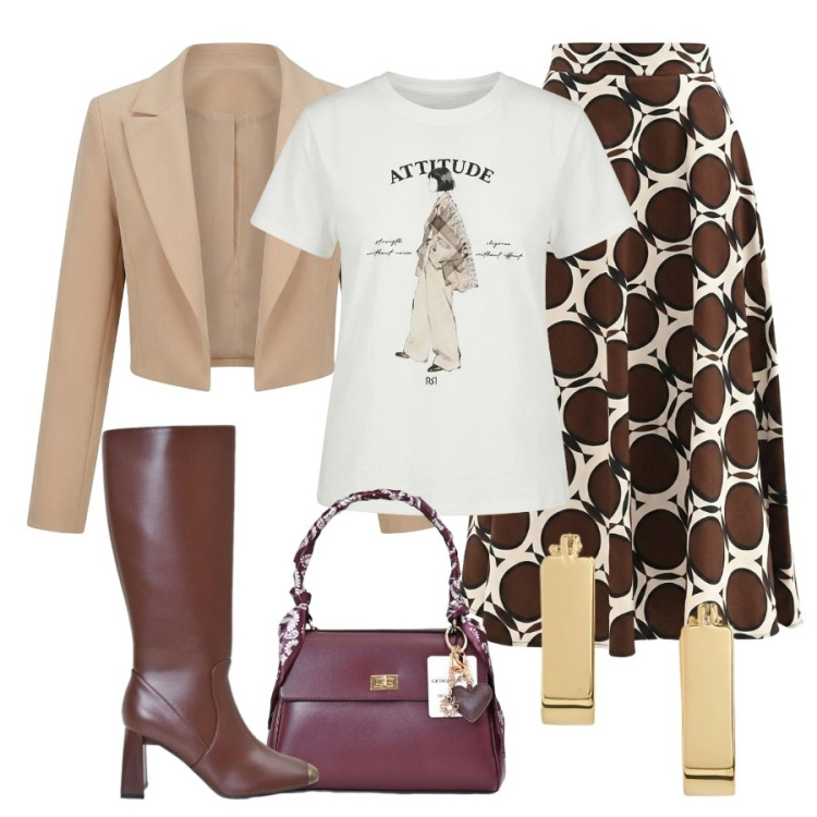 Outfit donna - Urban Attitude vs Chic & Playful. Stile Romantica per Cerimonia. look ideale per Petite. Abbinamento con gonne lunghe, t-shirt, bolero, stivali sopra il ginocchio, borse a mano, orecchini.