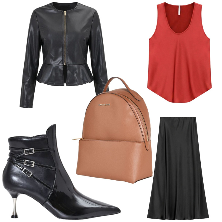 Outfit donna - Marrone e nero per la sera. Stile Chic per Serata fuori. Abbinamento con canottiere, gonne lunghe, stivaletti, giacche, zaini.