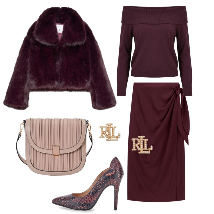 Outfit donna - Serata all\'Opera. Stile Glamour per Serata fuori. Abbinamento con blazer, borse a tracolla, maglieria, gonne lunghe, orecchini, décolleté.