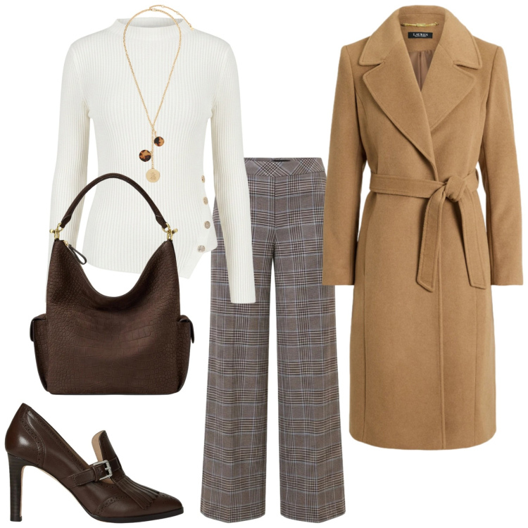 Outfit donna - Total look #2485148. Stile Chic per Serata fuori. Abbinamento con pantaloni, maglieria, collane, borse a spalla, décolleté, cappotti.