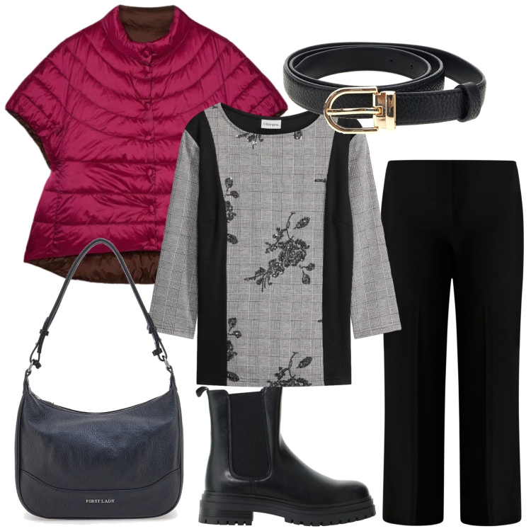 Outfit donna - Total look #2485150. Stile Urban per Ufficio. Abbinamento con maglieria, pantaloni a palazzo, stivaletti chelsea, piumini, borse a tracolla, cinture.
