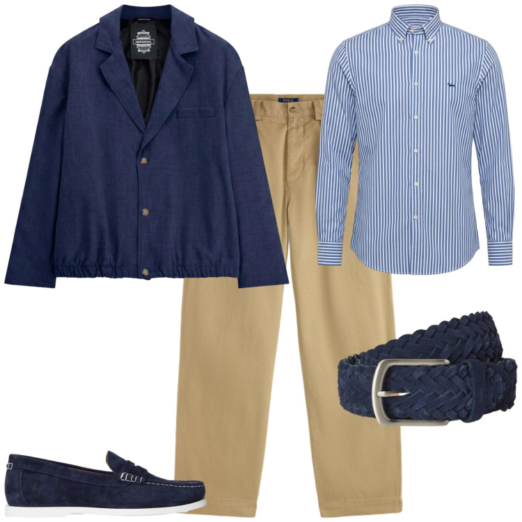 Outfit uomo - Trendy ufficio tempo libero. Stile Trendy per Ufficio. Abbinamento con cinture, camicie, giacche, scarpe stringate, pantaloni chino.