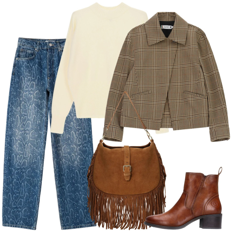 Outfit donna - Il giusto mix. Stile Trendy per Tutti i giorni. Abbinamento con jeans dritti, borse a spalla, maglieria, cappotti, stivaletti.
