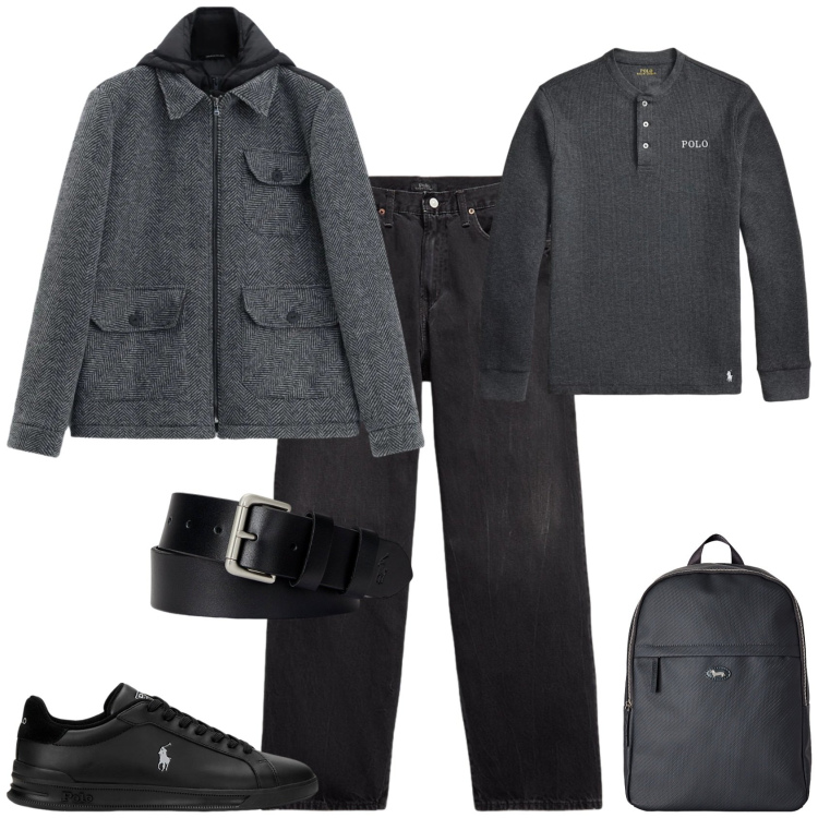 Outfit uomo - Urban ufficio tempo libero. Stile Urban per Tutti i giorni. Abbinamento con borse sportive, cappotti, cinture, sneakers, jeans, t-shirt.