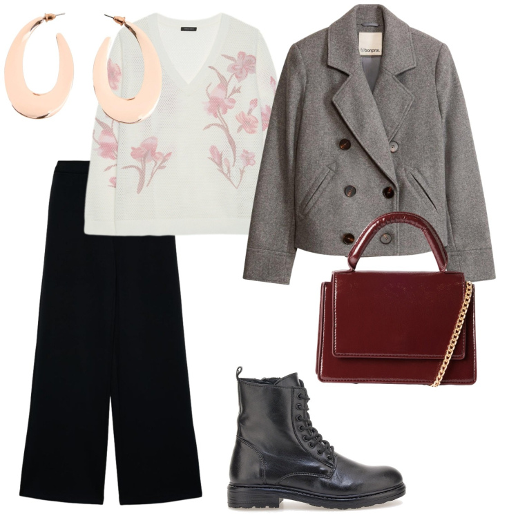 Outfit donna - Di giorno. per Tutti i giorni. Abbinamento con blazer, orecchini, borse a tracolla, pantaloni a palazzo, maglieria, anfibi.