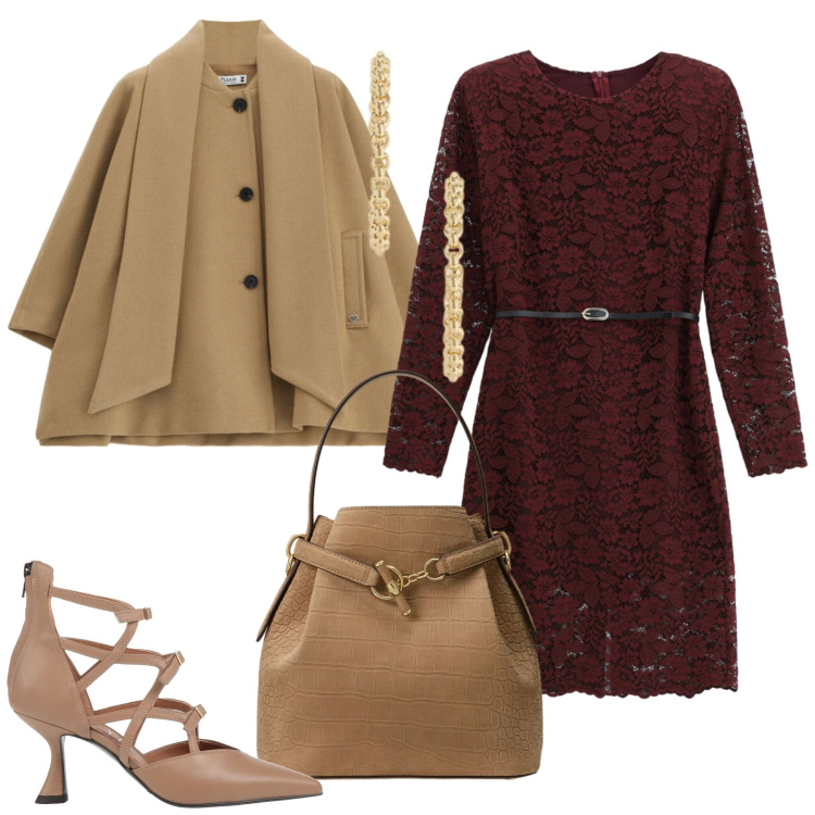 Outfit donna - Total look #2485161. Stile Chic per Cerimonia. Abbinamento con décolleté, vestiti midi/longuette, cappotti, borse a secchiello, orecchini.