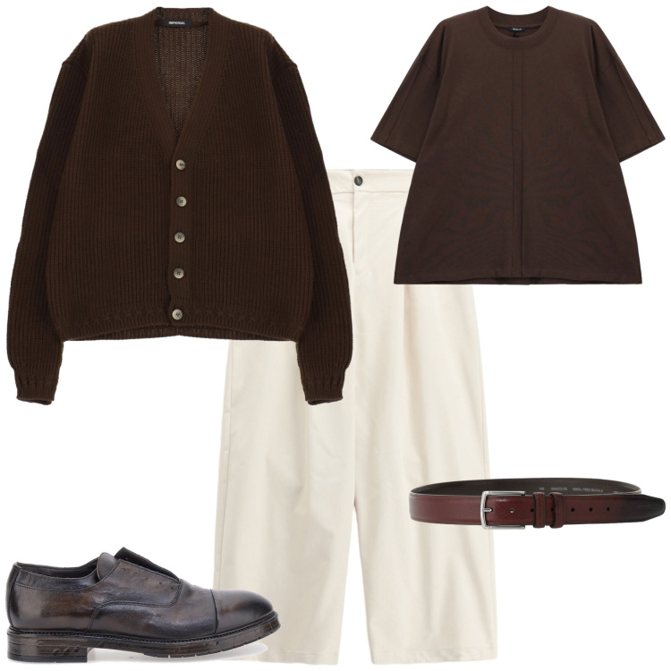 Outfit uomo - Trendy serata autunnale. Stile Trendy per Serata speciale. Abbinamento con pantaloni, cinture, t-shirt, cardigans, scarpe stringate.