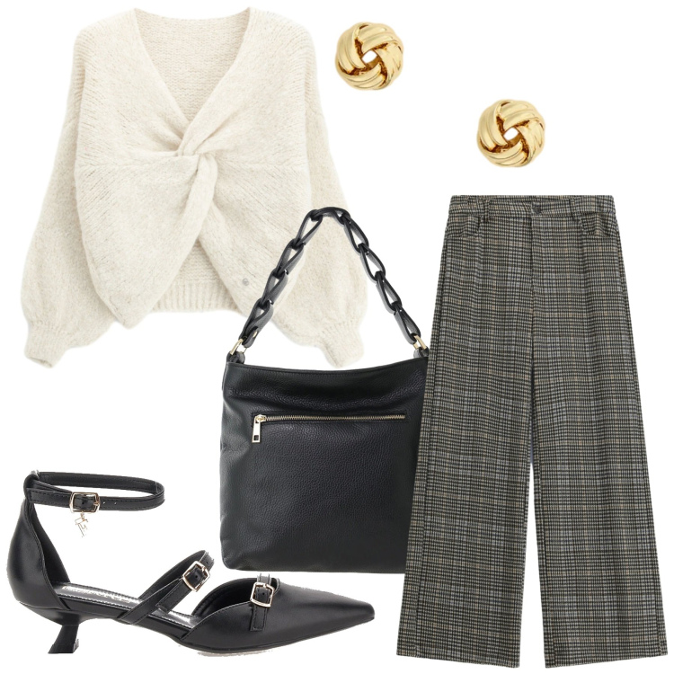 Outfit donna - Total look #2485163. Stile Romantica per Ufficio. Abbinamento con borse a spalla, orecchini, pantaloni, maglieria, décolleté.