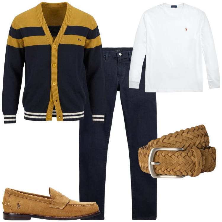 Outfit uomo - Trendy serata con amici. Stile Trendy per Serata speciale. Abbinamento con cardigans, cinture, scarpe stringate, jeans, t-shirt.