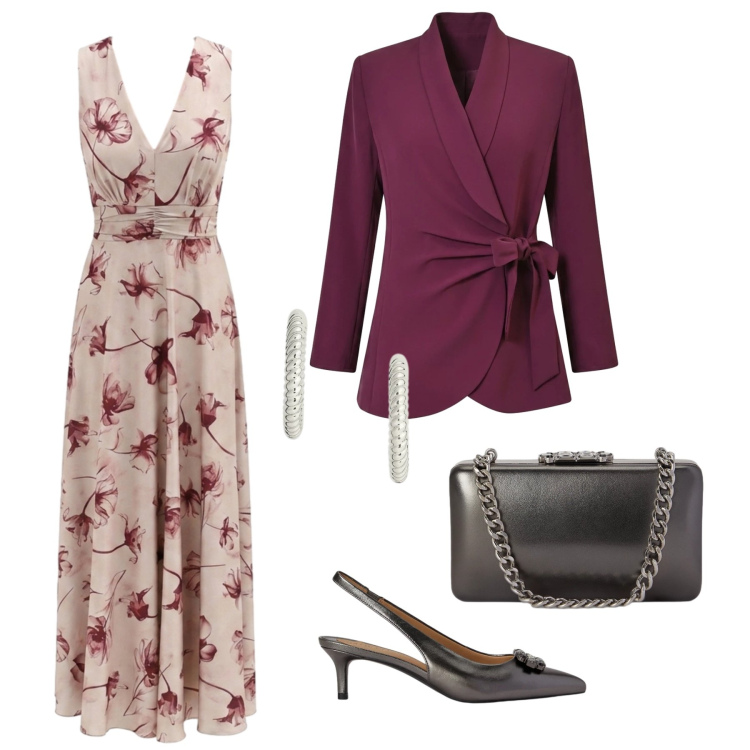 Outfit donna - Battesimo di Matteo. Stile Chic per Cerimonia. Abbinamento con orecchini, décolleté, clutch, vestiti lunghi, blazer.