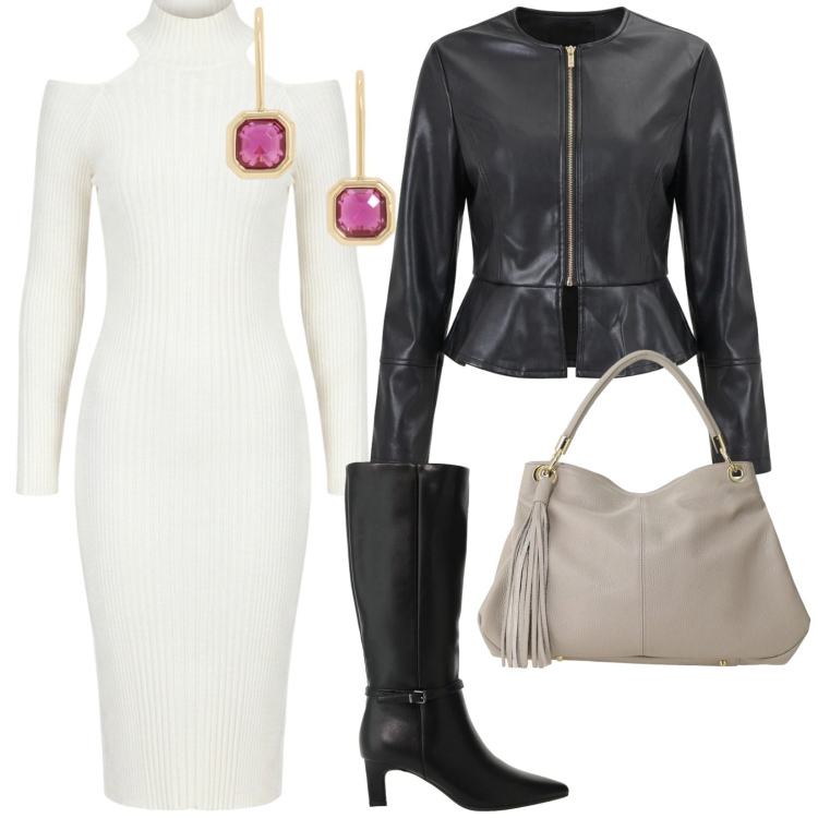Outfit donna - Bianco e nero. per Serata fuori. Abbinamento con borse a spalla, stivali, orecchini, vestiti midi/longuette, giacche.