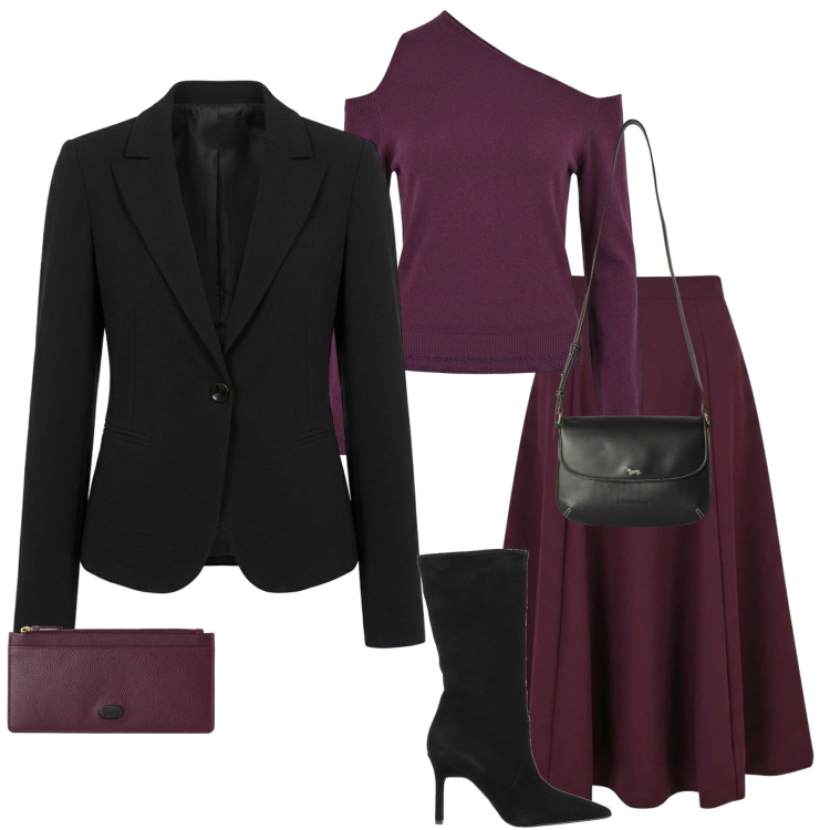 Outfit donna - Serata evento. Stile Casual chic per Serata fuori. Abbinamento con stivali, maglieria, blazer, gonne lunghe, borse a tracolla, portafogli.