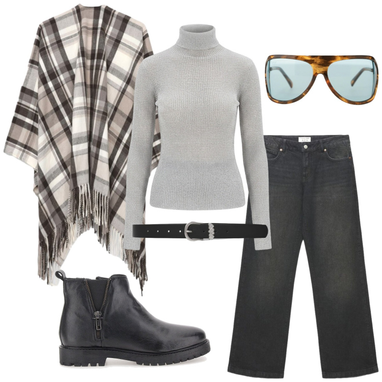 Outfit donna - Total look #2485171. Stile Trendy per Ufficio. Abbinamento con occhiali da sole, maglieria, jeans, cappe, cinture, stivaletti.