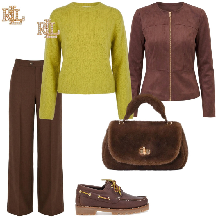 Outfit donna - Colori d\'autunno. per Tutti i giorni. Abbinamento con pantaloni a palazzo, borse a mano, blazer, maglieria, orecchini, mocassini.