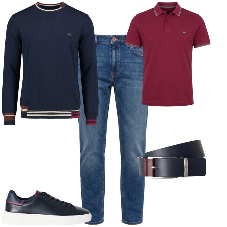 Outfit uomo - Casual ufficio tempo libero. Stile Casual per Tutti i giorni. Abbinamento con sneakers, maglieria, jeans, cinture, polo.